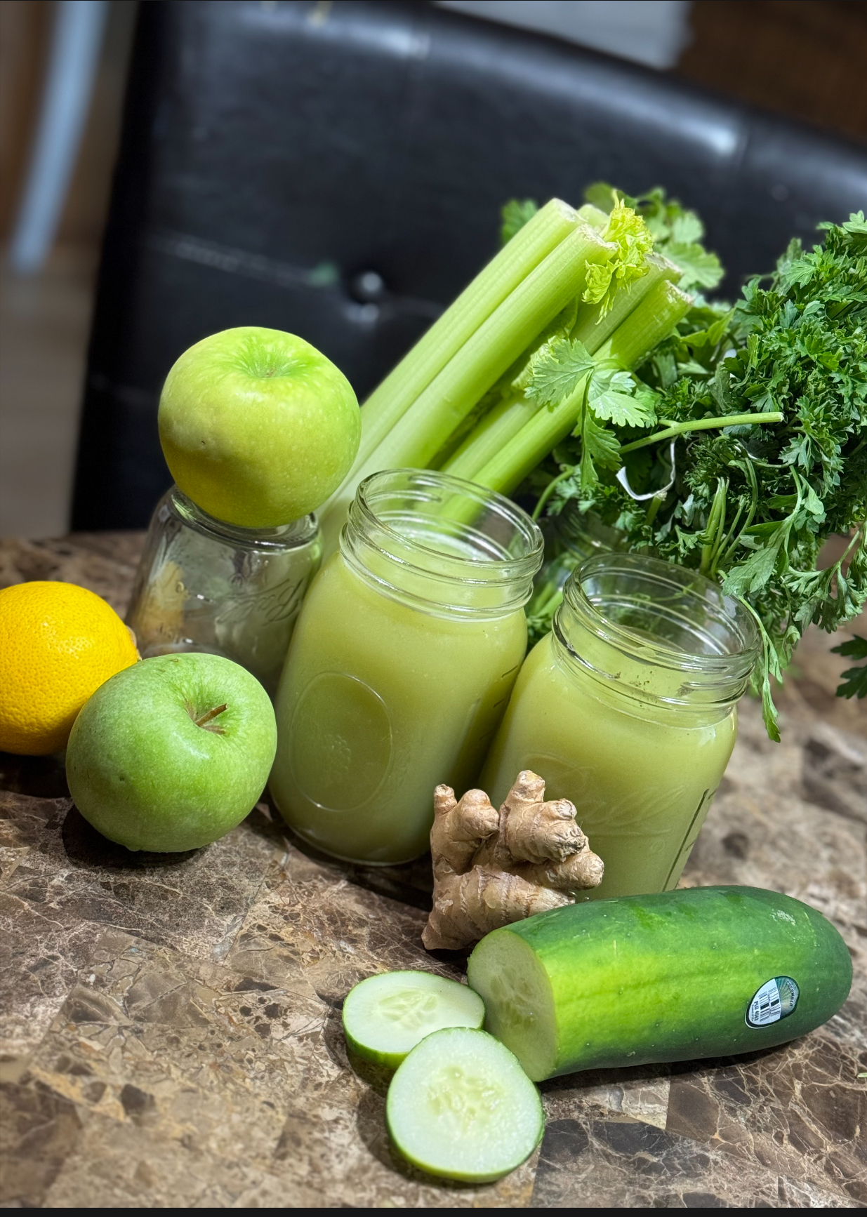 Cold-pressed green juice with apple, celery, cucumber and ginger
